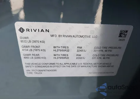 2026 Rivian R1T from USA, damaged, VIN 7FCTGBAP6TN043095